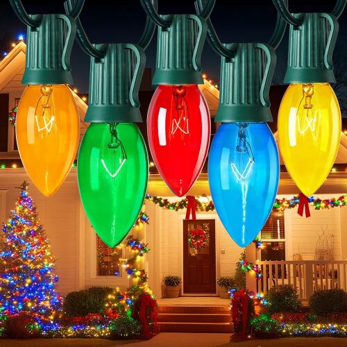 Minetom C9 Bulb String Lights Outdoor 50 Feet Multicolored Christmas Lights Green Wire for Outdoor Patio Room Christmas Tree Party Backyard Decoration, E17 Base, 50 +2 Bulbs - Lot 4237