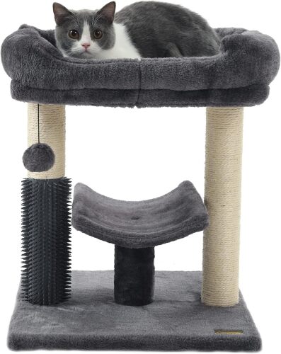 20-Inch Cat Tree Tower, Small Cat Scratching Post for Indoor Cats and Kittens, Sisal Cat Scratcher with Plush Bed Perch, Self Groomer and Hanging Toy Ball, Smoky Grey - Lot 4255