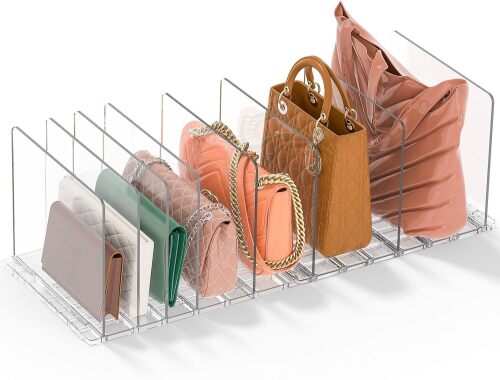 GoMaihe Bag & Purse Organizer for Closet: Adjustable Clear Handbag Storage Shelf - Plastic Clutch Dividers | Minimal | Keep Purses upright - Lot 4202