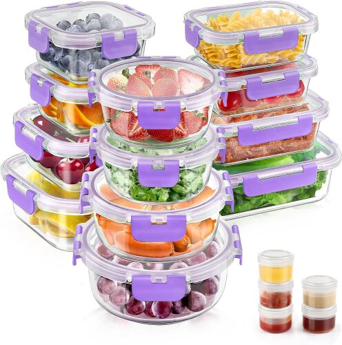 34pcs Glass Food Storage Containers with Lids Set, Airtight Glass Meal Prep Containers (17 Containers & 17 Lids), Leak Proof Lunch Container BPA-Free, Microwave, Oven, Freezer, Dishwasher Safe - Lot 4220
