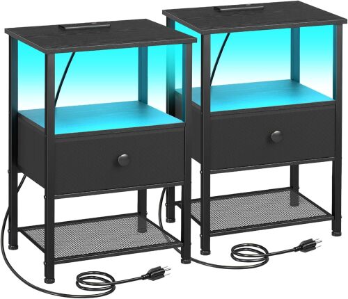 Night Stand Set 2, LED Nightstand with Charging Station, End Tables Living Room with Fabric Drawer, Small Bed Side Tables for Bedroom, Small Space - Lot 4226