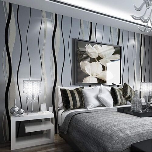 Q QIHANG Modern Simple Curve Stripe Long Fiber Non-Woven Wallpaper Living Room Bedroom TV Background Restaurant 1.73'W x 32.8'L Non Paste - Lot 4209