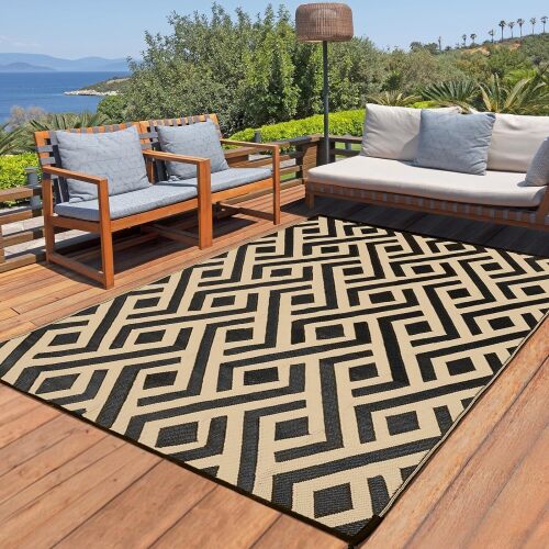 Patio Rug Plastic Straw Rug Waterproof Reversible Lightweight Camping Rug Modern Geometric Rugs for RV Backyard Patio Deck Picnic Camping Beach Trailer Black Beige Trellis - Lot 4259