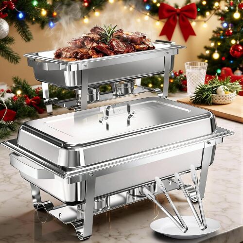 ALSO GO 2 Pack Chafing Dish Buffet Set & 2 Serving Tongs, 9QT Stainless Steel Rectangular Buffet Food Warmer Set with Full Size Food Pans and Folding Frame for Parties, Wedding, Christmas Catering - Lot 4216