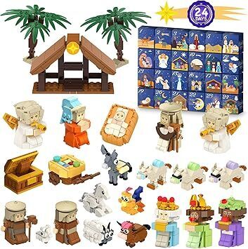 Nativity Advent Calendar Building Blocks 24-Days Fun Toy for Boys Girls, Christmas Countdown Calendar Gifts for Kids Teen Adults Christian Scene Advent Bricks - Lot 4366