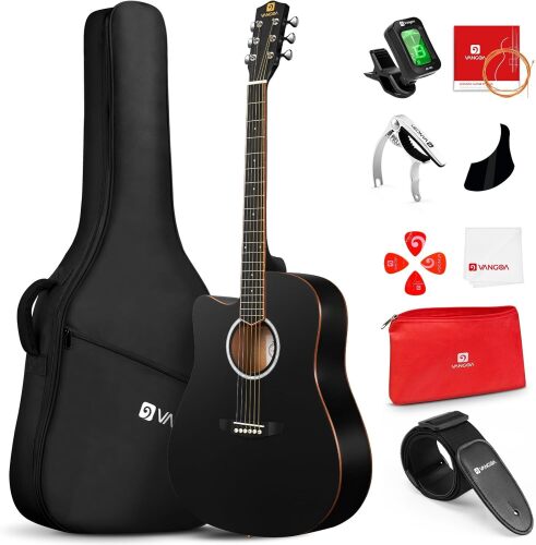 Vangoa Left Handed Guitar, Full Size Cutaway Left Handed Acoustic Guitar Kit for Adult Beginner 41 Inch Lefty Acustica Guitarra Set, Black - Lot 4217