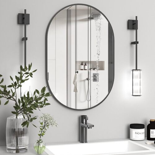 Oval Bathroom Mirror Capsule Wall Vanity Mirror, Gold Wall Mounted Mirror, Large Modern Mirror Pill Mirrors with Metal Frame, Decor for Entryway, Bedroom, Living Room - Lot 4229