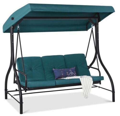 3-Seat Outdoor Canopy Swing Glider Furniture w/ Converting Flatbed Backrest - Lot 90
