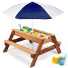 3-in-1 Kids Sand & Water Table Outdoor Wood Picnic Table w/ Umbrella - Thumbnail 1