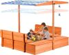Kids Wooden Outdoor Sandbox with Canopy and Foldable Storage Bench Seats - Thumbnail 1