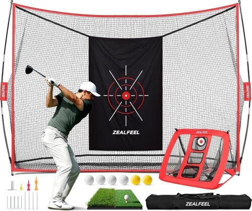 10x7ft Practice Net with Chipping Net, Foldable Mat, Silk Target, 8 Tees, 6 Balls, Carry Bag - Lot 254