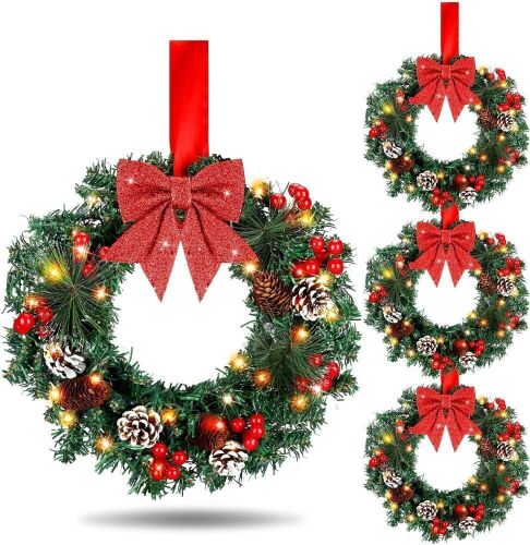13'' Mini Christmas Wreath with LED Lights, 4 Pack - Lot 553