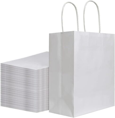 8x4.75x10 inch Medium White Kraft Paper Bags with Handles, 100pc - Lot 765