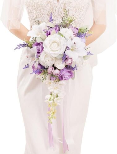 Cascading Lilac Purple & White Artificial Flower Wedding Bouquet 10" - Lot 789