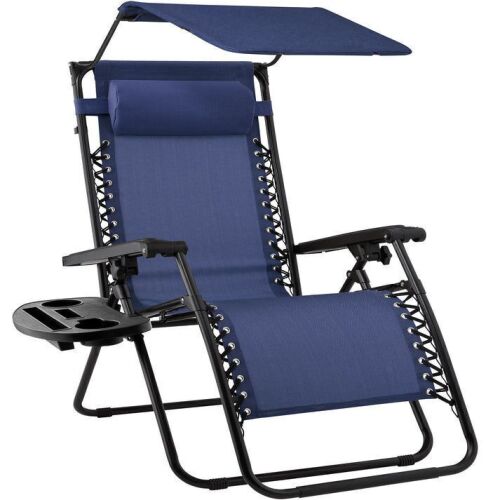 Folding Zero Gravity Recliner Patio Lounge Chair w/ Canopy, Side Tray - Lot 715