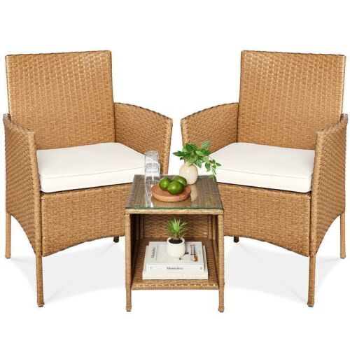 3-Piece Outdoor Patio Wicker Bistro Set w/ Side Storage Table - Lot 106