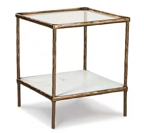 Signature DESIGN BY ASHLEY Ryandale 21 in. Antique Brass Square Glass End Table with Marble Shelf - Lot 42JF