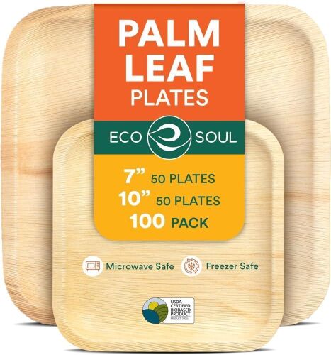 ECO SOUL 100% Compostable 10 Inch & 7 Inch Palm Leaf Plates, 100 Pack - Lot 599