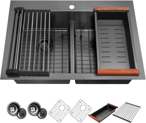 33" x 22" Drop In Black Stainless Steel Kitchen Sink - Lot 68