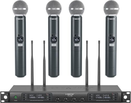 Phenyx Pro Wireless Microphone System, Quad Channel Wireless Mic, w/ 4x40 UHF Frequencies, Auto Scan, 328ft Long Range, 4 Handheld Dynamic Microphones - Lot 37