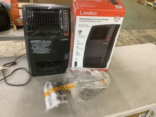 Lasko 1500-Watt 20 in. Black Electric Console Ceramic Space Heater with Tip-Over Switch, Adjustable Louvers, Timer, Remote - Lot 856JF