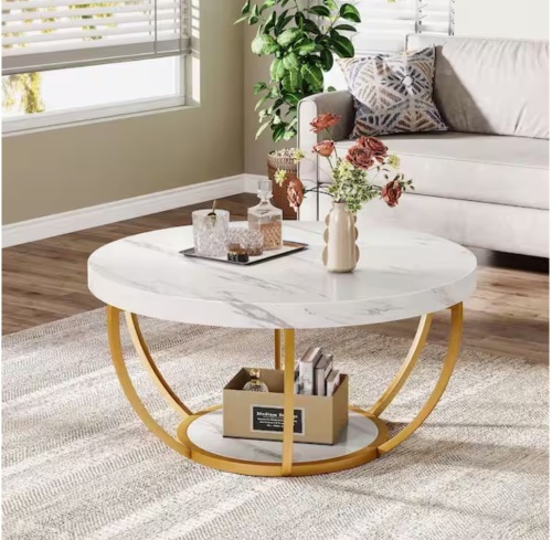 Byblight Allan 31.7 in. White Faux Marble Round Wood Coffee Table with Storage Shelf - Lot 928JF
