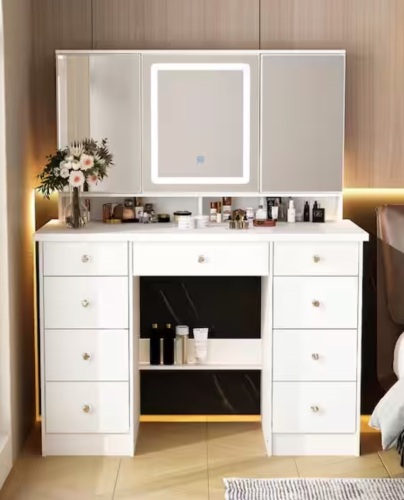 FUFU&GAGA White Modern Makeup Vanity Desk 9 Drawers Wood Dressing Table With 3 Mirrors, Hidden Storage Shelves, LED Lighted - Lot 50JF