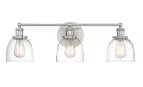 Home Decorators Collection Evelyn 26.75 in. 3-Light Brushed Nickel Vanity Light with Clear Glass Shades - Lot 200CJF