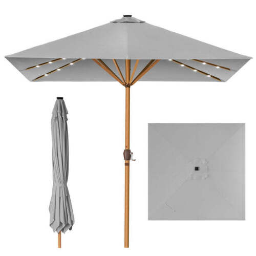 Square Solar LED Lighted Patio Umbrella w/ Woodgrain Pattern - 9ft - Lot 4010