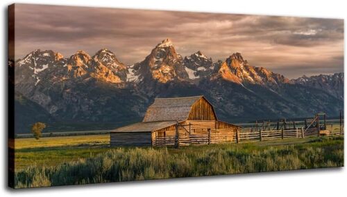 CIYU Sunrise at Barn Canvas Wall Art Nature Artwork Mountain Pictures Wall Decor Large Farmhouse Wall Art Framed Ready to Hang - Lot 4253