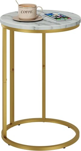 C Table End Table, Marble C Shaped Sofa Side Table, Couch Tables That Slide Under, Snack Accent Table for Living Room Bedroom Small Space, Marble Top and Gold Metal Frame - Lot 4319