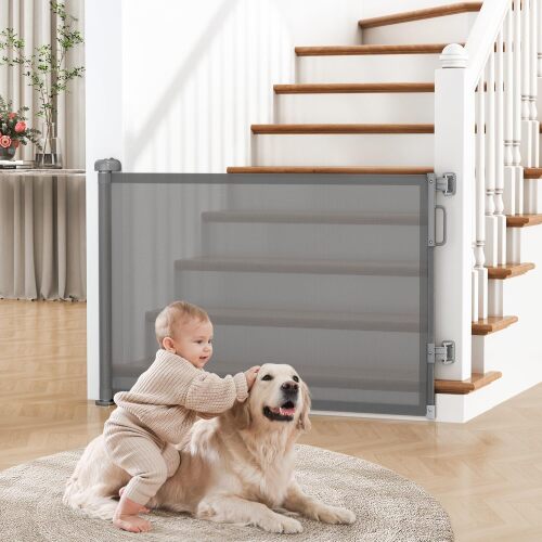 Cideny Retractable Baby Gate for Stairs, 55" Wide Mesh Dog Gate Indoor, 34" Tall Child Gate for Doorways, Hallways, Deck, Indoor Outdoor Pet Baby Safety Essentials for Home, Grey - Lot 4348