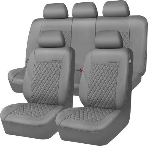 CAR PASS Quilting Faux Leather Seat Covers Full Set, Waterproof Deluxe PU Premium Auto Seat Cover, Breathable Seat Covers Universal Fit for Most Sedan SUV Van Small Truck, Airbag Compatible All Gray - Lot 4354