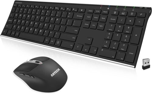 Arteck 2.4G Wireless Keyboard and Mouse Combo Stainless Full Size Keyboard and Ergonomic Mouse with Side Buttons for Computer Desktop PC Laptop and Windows 11/10/8/7 Build in Rechargeable Battery - Lot 4390