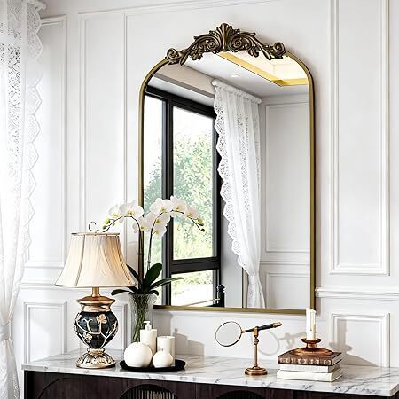 Antique Arched Wall Mirror, 24"x36" Vintage Bronze Bathroom Mirror - Baroque Metal Frame Brass Mirror for Living Room, Bathroom, Fireplace, Entryway, gold - Lot 4352