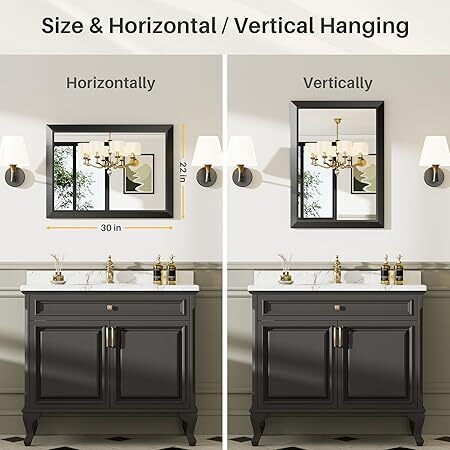 22x30 Inch Black Bathroom Mirror for Wall, Thick Metal Framed Rectangle Mirrors for Over Sink, Bedroom, Living Room, Entryway, Anti-Rust, HD Tempered Glass - Lot 4365