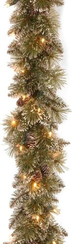 National Tree Company 6 ft Pre-Lit Glittery Bristle Artificial Christmas Garland, Christmas Decoration with Pinecones, 50 Warm White LED Lights, 138 Tips, Timer, Green - Lot 4382