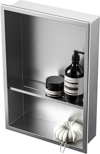 Stainless Steel Shower Niche Brushed No Tile Needed Wall Niche Double Shelves Recessed Shower Shelf for Bathroom Storage Over Mount Installation - Lot 4399