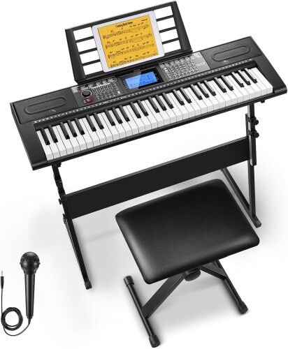 61 Key Keyboard Piano, Electric Piano Keyboard Kit with 249 Voices, 249 Rhythms - Includes Piano Stand, Stool, Microphone, Gift for Beginners - Lot 4304