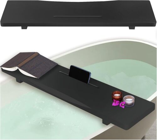 Stylish Black Bamboo Bathtub Tray Caddy with Adjustable Legs, Minimalistic Design Bath Tray for Tub, Bathtub Accessories, Fits Most Free Standing Bath Tubs, Idea for Women - Lot 4316