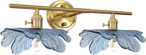 2 light bathroom vanity light gold brass wall sconce with Blue Flower Glass Shade mid century wall light vintage wall sconce art deco Bathroom Lights Over Mirror for Bedroom Hallway Living Room - Lot 4350