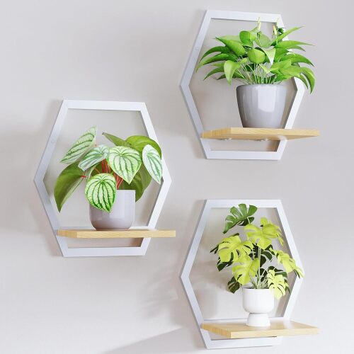 Modern White Hexagon Wall Planters with Solid Wood Shelves Set of 3 Geometric Floating Wall Decor for Indoor Plants, Stylish Wall Mounted Display for Succulents & Small Plants - Lot 4309