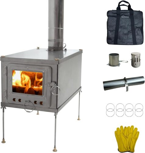 T1 Lightweight Small Titanium Hot Tent Stove with 6.5ft Chimney Pipe, Spark Arrestor, Portable Tent Stove for 1 Person Camping Cooking - Lot 4326