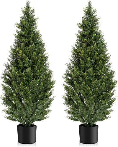 Two 4FT Artificial Topiary Cedar Trees Tall, Outdoors UV Protection Fake Cypress Tree, Realistic 48IN Pine Potted Plants for Patio, Home Porch, Doorway Decor - Lot 4424