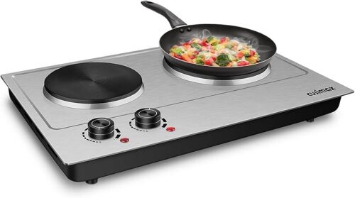 CUSIMAX 1800W Double Hot Plate, Stainless Steel Silver Countertop Burner Portable Electric Double Burners Electric Cast Iron Hot Plates Cooktop, Easy to Clean, Upgraded Version C180N - Lot 4455