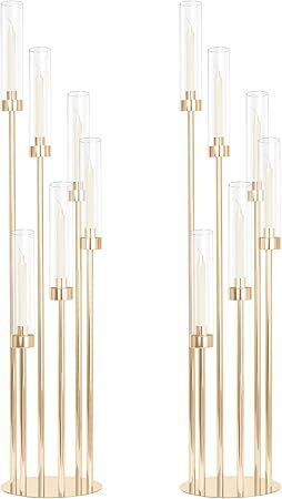 2 Sets Gold Candelabra,6 Arm Candlestick Holders with Acrylic Shades, 36'' High Large Floor Candle Holders for Wedding Centerpieces Table Decorations Fit 0.9" Candles and LED Taper Candles - Lot 4485