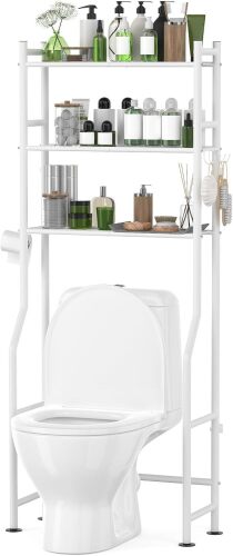 3-Tier Over-The-Toilet Storage with Anti-Tilt Safety System, Freestanding Bathroom Shelves with Paper Holder & 4 Hooks, 64" H Over Toilet Bathroom Organizers for Small Space - Lot 4496