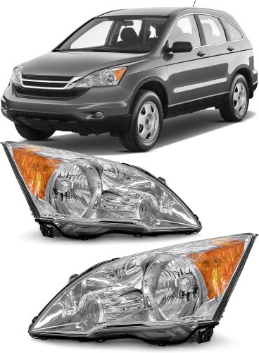 Compatible with 07-11 Honda CR-V Headlight Assembly/ 2007 2008 2009 2010 2011 CR-V Headlamp With Chrome Housing Amber Reflector Driver and Passenger Pairs - Lot 4438