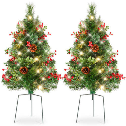 Set of 2 Pre-Lit Pathway Christmas Trees w/ Pine Cones, Timer - 24.5in - Lot 4531