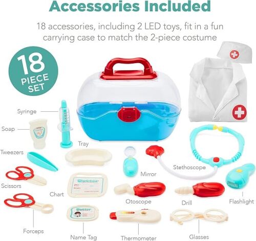Pretend Play Doctor Kit, Boys & Girls Doctor's Outfit, Toy Medical Set w/ 18 Accessories, Coat, Hat, Carrying Case, 2 LED Toys - Lot 4598